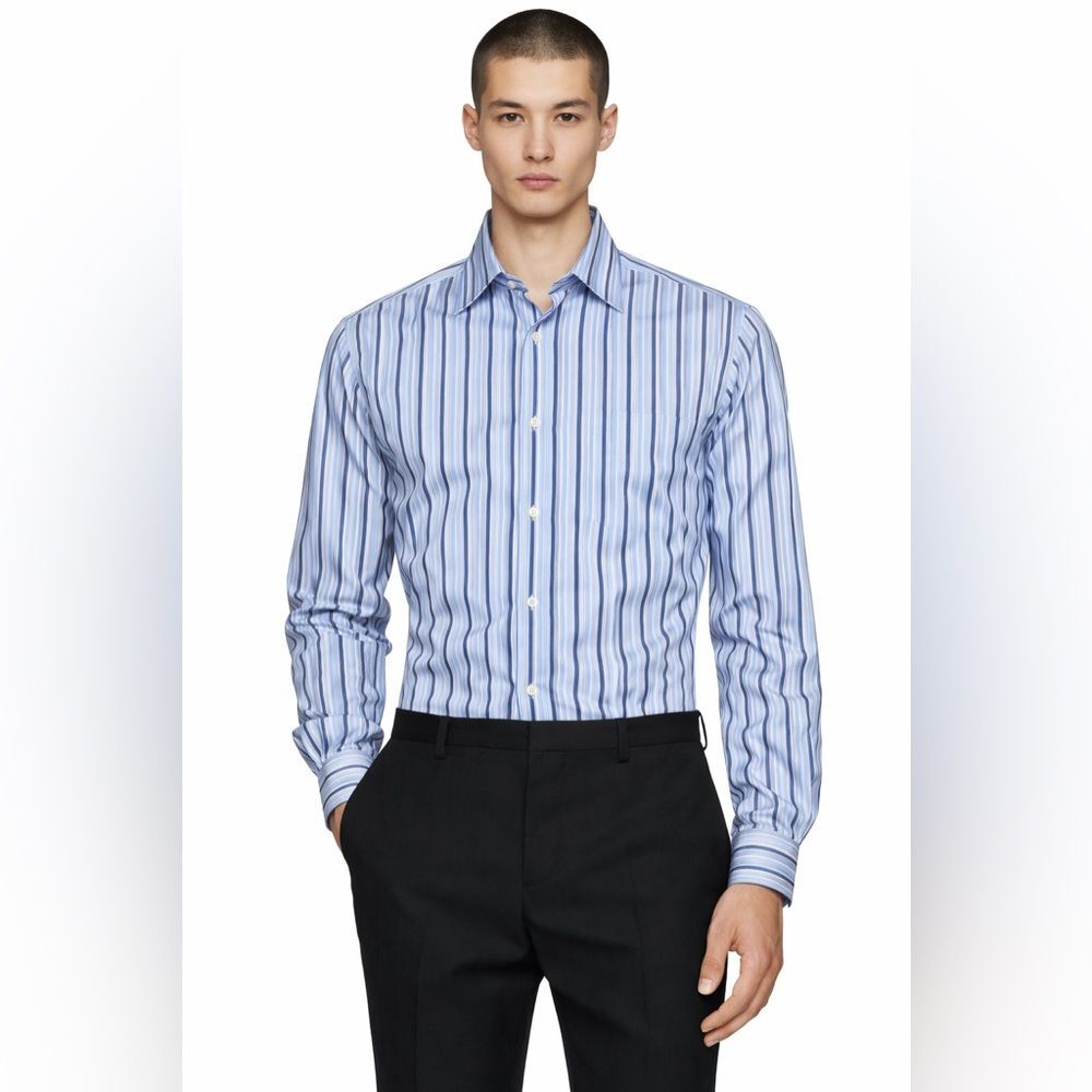 Tasso Elba Mens Blue Striped Shirt Casual Button Down Size L